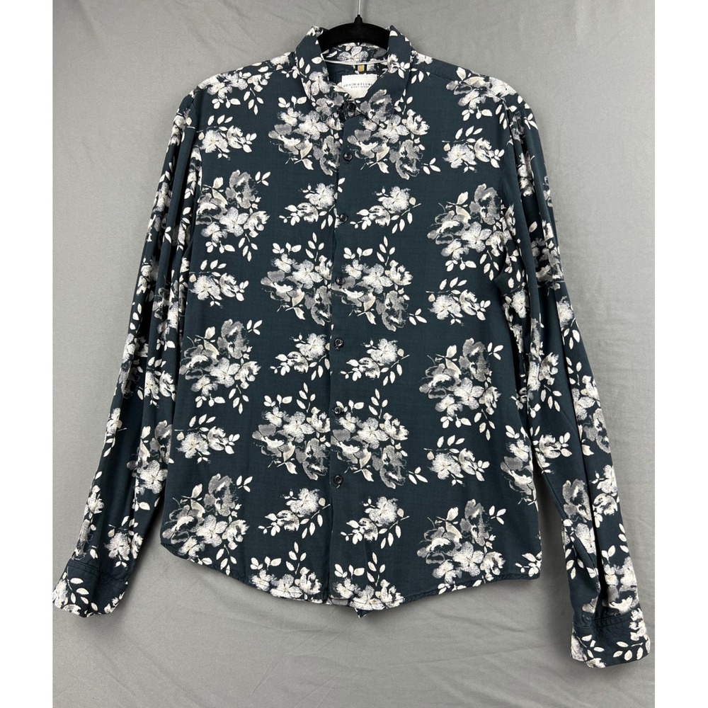 Denim & Flower Floral Button Down Shirt Womens Medium Navy Blue Long Sleeve